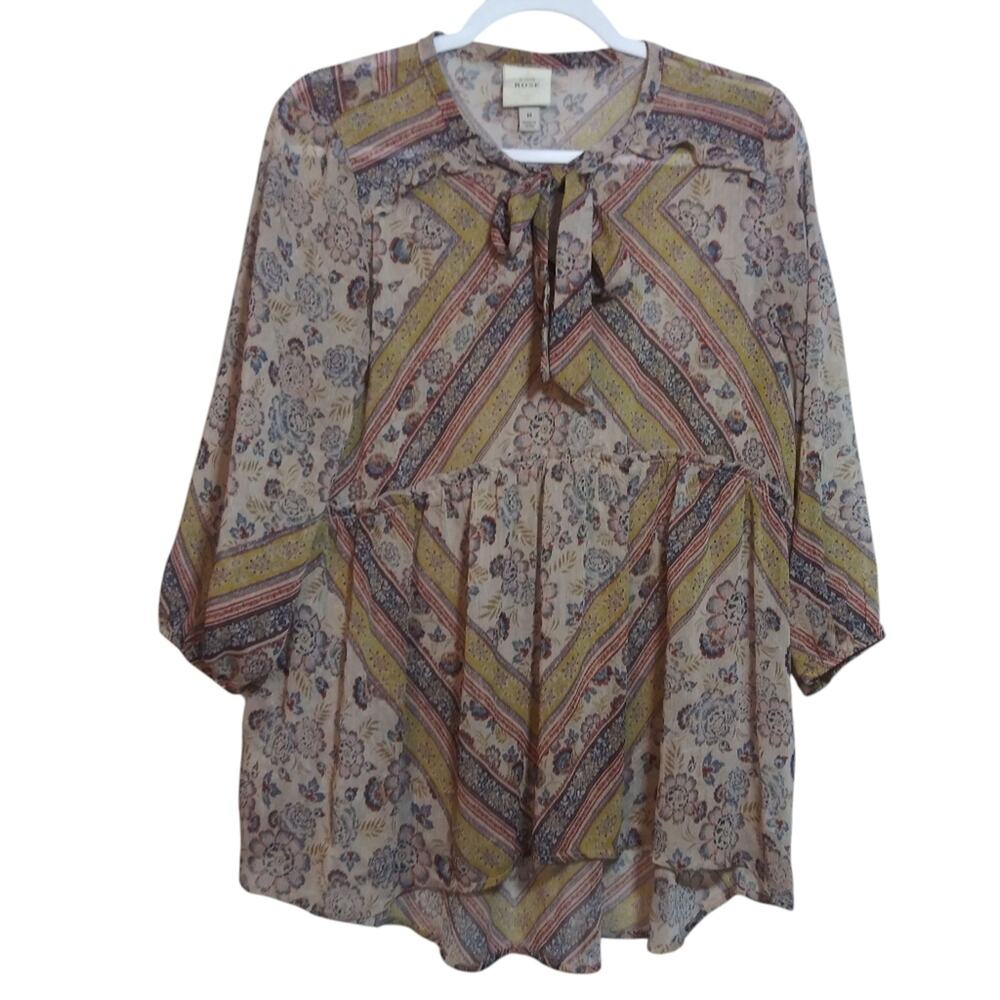 Knox Rose Floral Chiffon Ruffle Peasant Neutral Blouse Top Neck Tie Size M